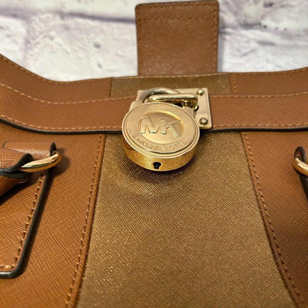 Michael Kors Hamilton Satchel Bag Brown Center Stripe Luggage Saffiano Leather